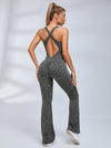 Sexy Leopard Print Hollow Out Cross Back Deep V Back Jumpsuit