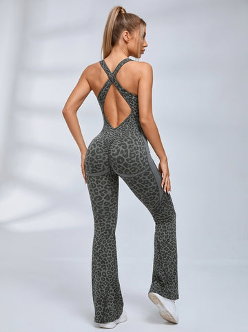 Sexy Leopard Print Hollow Out Cross Back Deep V Back Jumpsuit