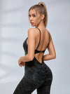 Sexy Denim Tie-dye Ribbed Deep V Back Scrunch Bum Jumpsuit