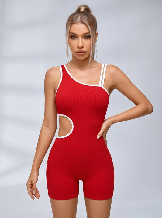 Trim Asymmetrical One-Shoulder Cutout Compression Short Romper