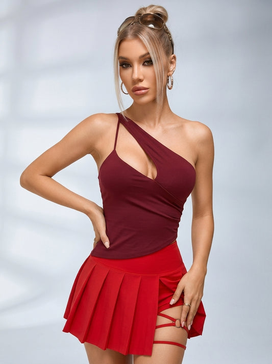 Asymmetrical Cut‑Out Top & Strappy‑Detail Pleated Skirt Set