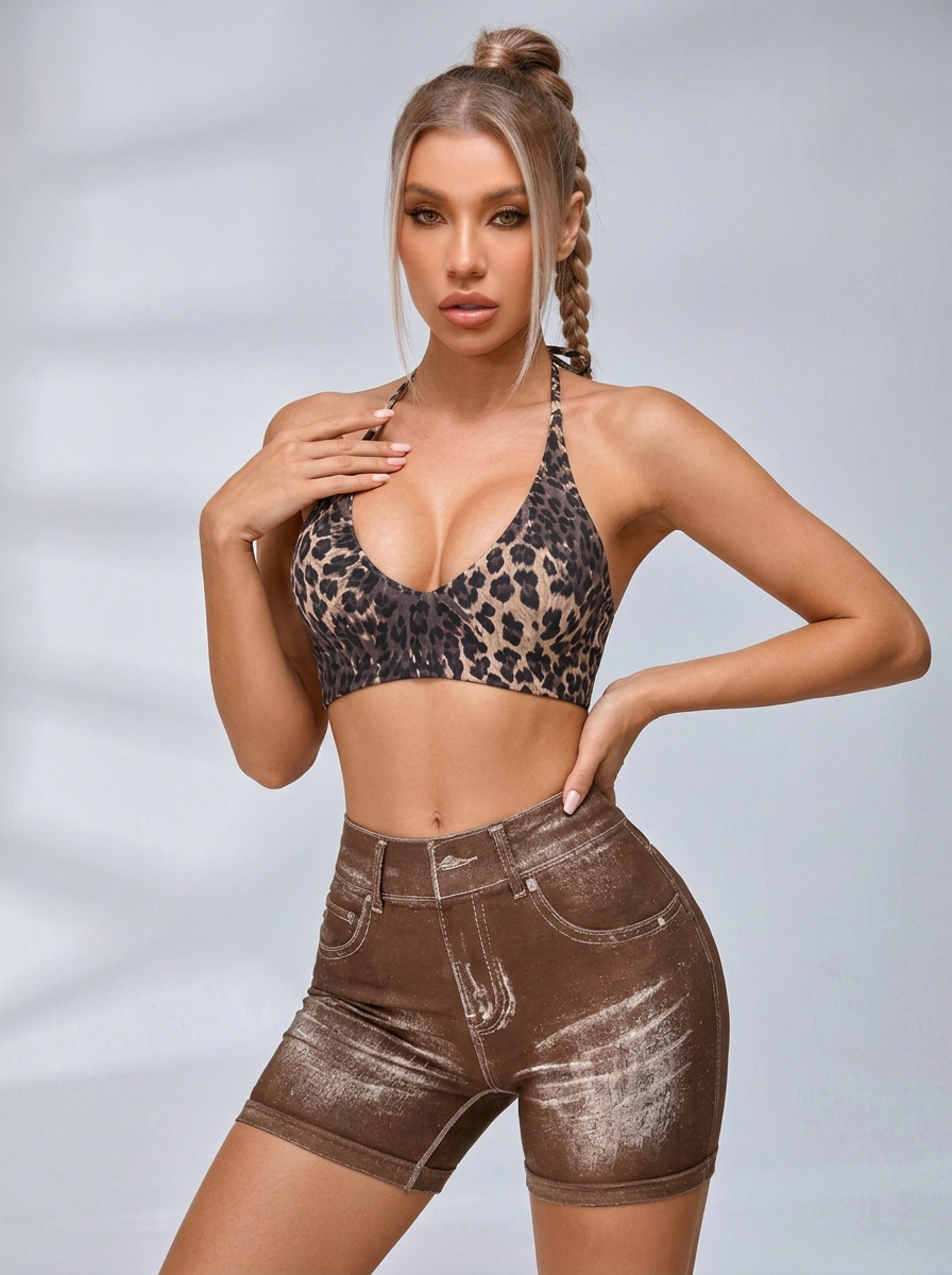 Leopard-Print-Faux-Denim-Neckholder mit Brustpolstern Kurzer Trainingsanzug