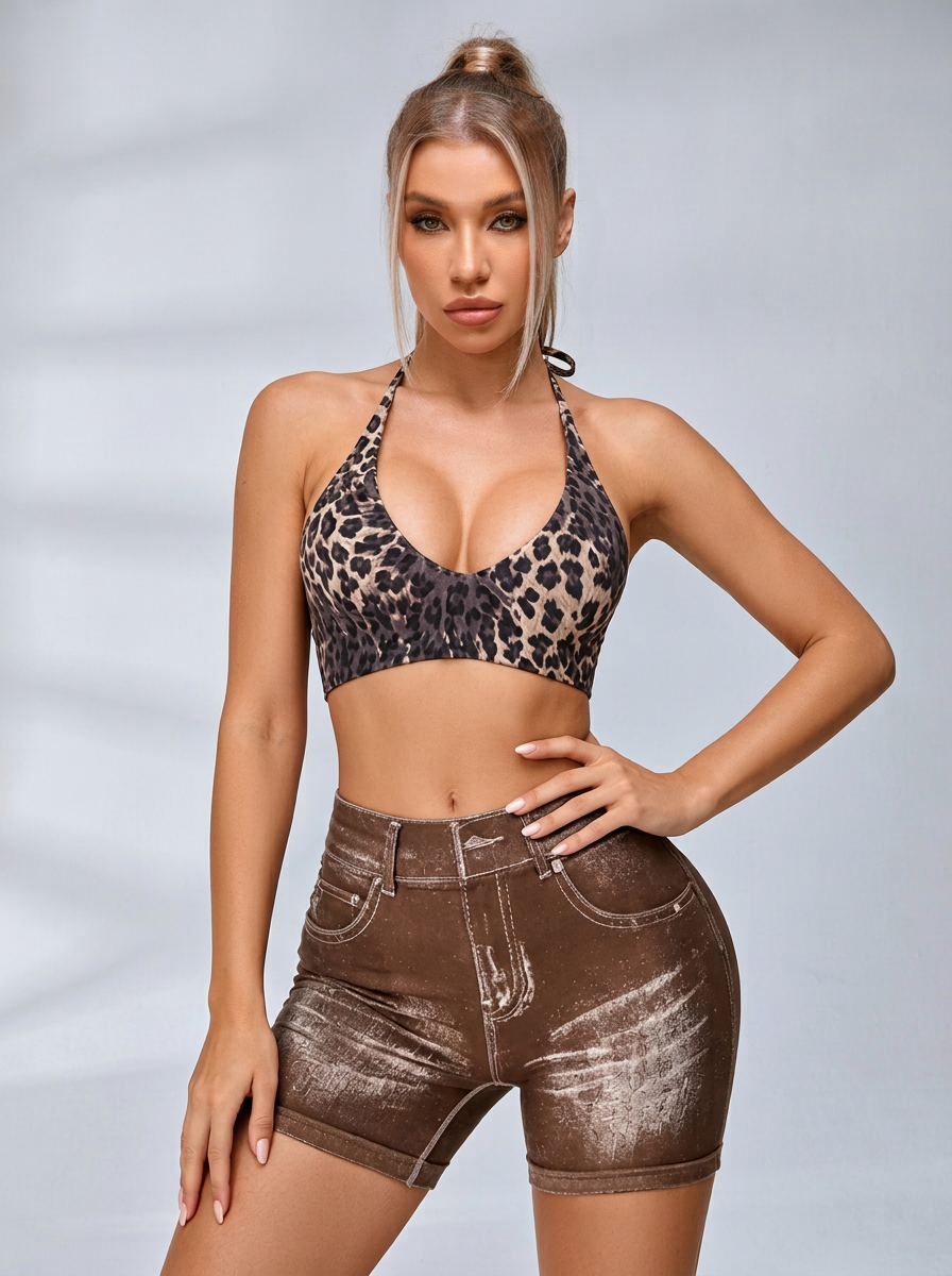 Leopard-Print-Faux-Denim-Neckholder mit Brustpolstern Kurzer Trainingsanzug