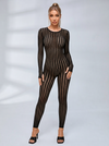 Stylish Seamless Striped Jacquard Long-Sleeve Jumpsuit