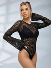 Sexy Round Neck Long Sleeves Flare Lace Bodysuit
