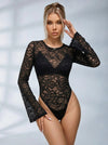 Sexy Round Neck Long Sleeves Flare Lace Bodysuit