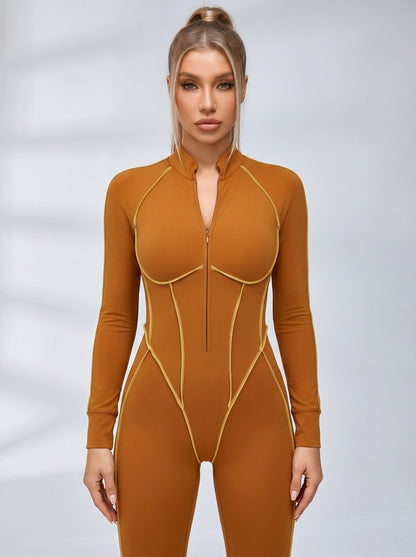 Sexy Backless Zipper Contrast Color Stripes Jumpsuit