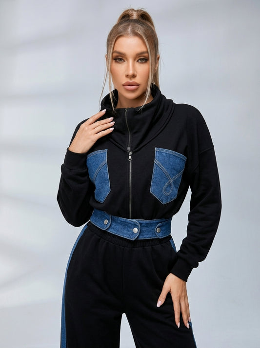 Sexy Jeans-Jogginganzug mit Kontrasttasche