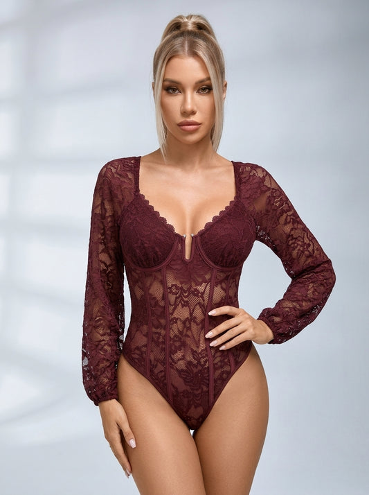 Lace Sweetheart Neck Long Sleeve Bodysuit
