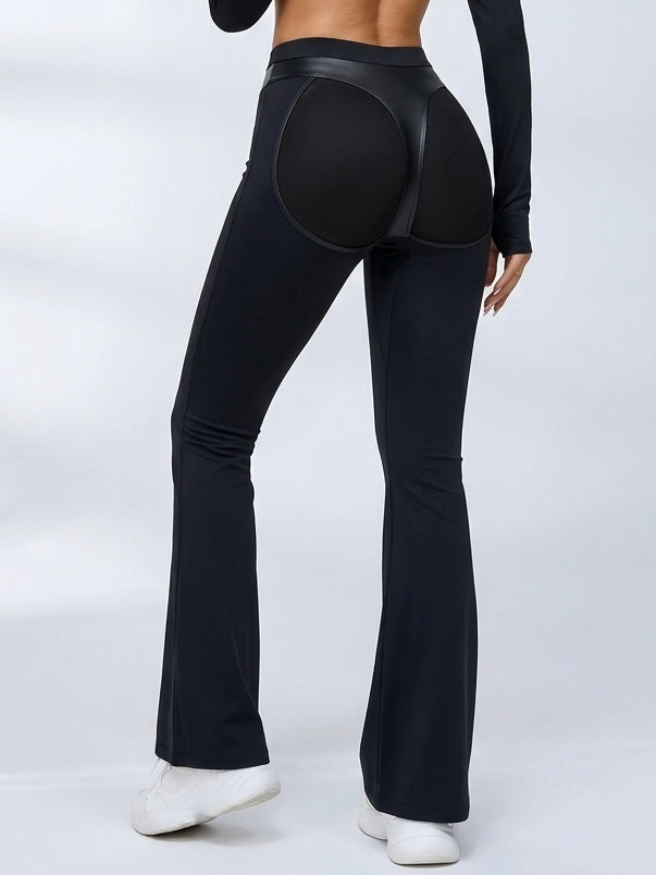 Women's Black Faux Leather Panel Flare Leggings
