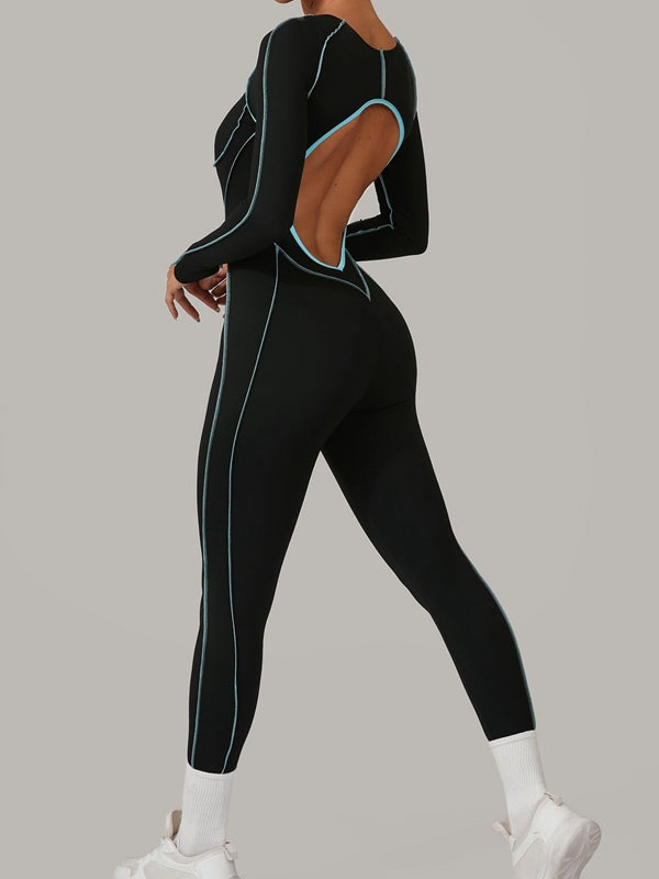 Sexy rückenfreier Overall mit Kontrastfarben-Streifen