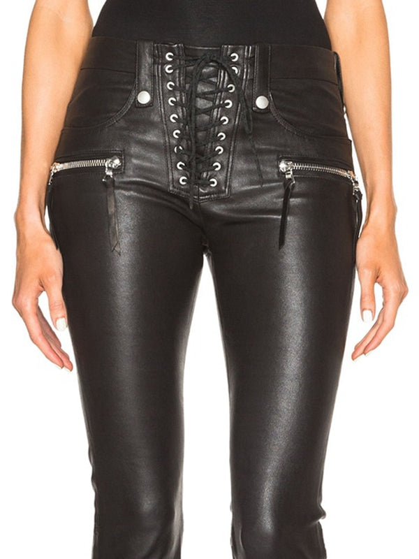 Faux Leather Zipper Lace-up Flare Leggings
