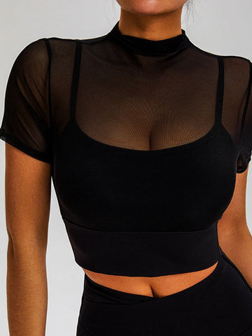 ZASUWA Damen Sexy Transparentes Netz Cropped Kurze Ärmel