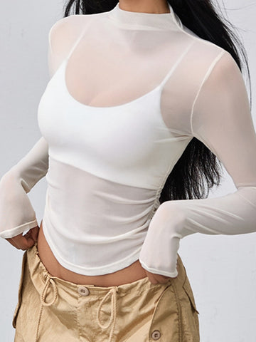ZASUWA Female Solid Color Sheer Mesh Long Sleeves