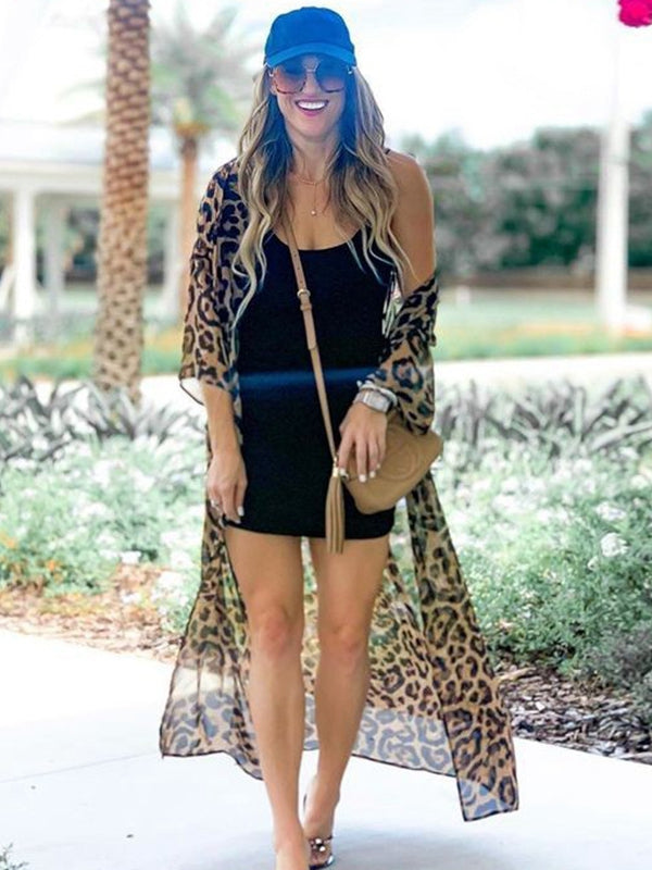 Sexy Sheer Mesh Leopard Print Without Bikini Set Swimwear Cover-up