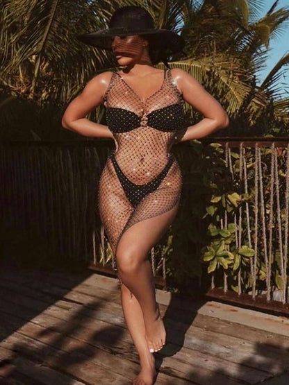 Sexy Fishnet Diamond Beach Dress Without Bikini Set