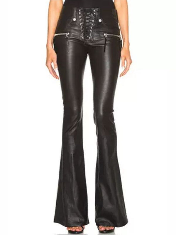 Faux Leather Zipper Lace-up Flare Leggings