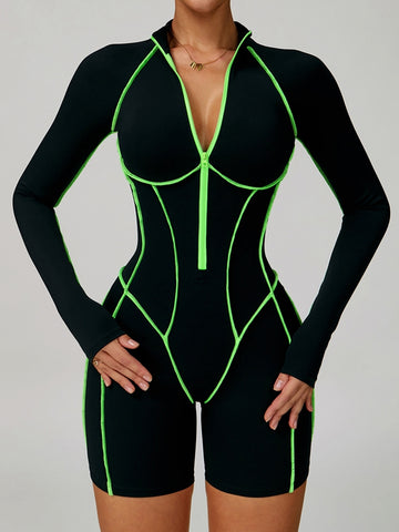 ZASUWA Female Sexy Backless Zipper Contrast Color Stripes Stitch Performance Romper