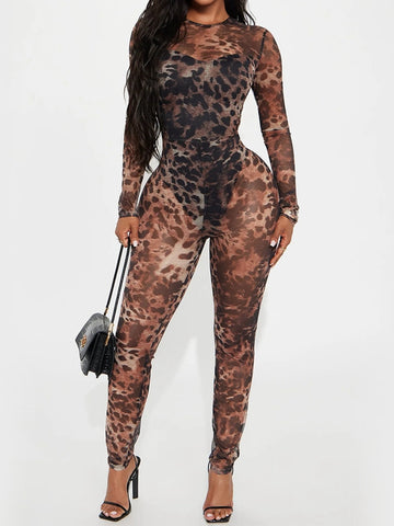 ZASUWA Female Leopard Print Mesh Jumpsuit
