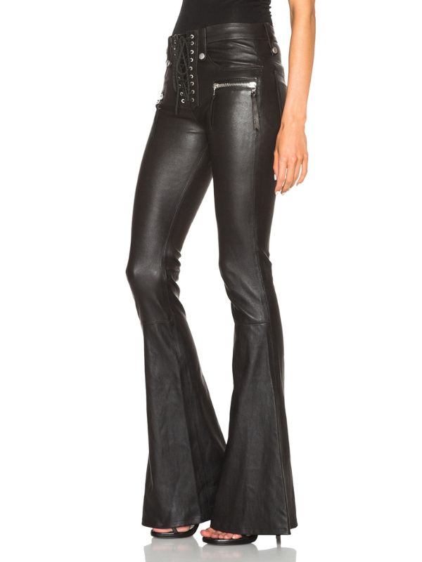 Faux Leather Zipper Lace-up Flare Leggings