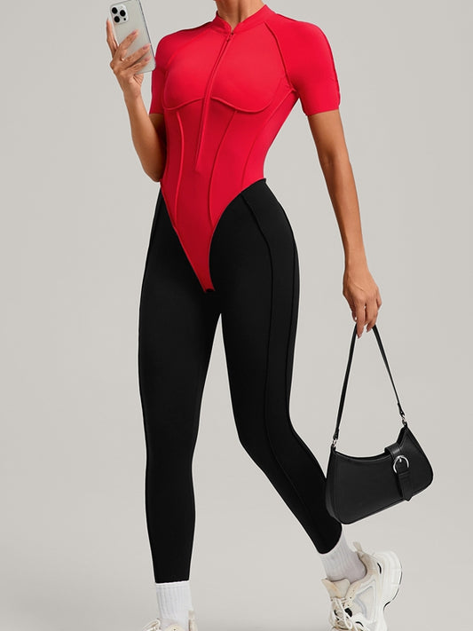 ZASUWA Female Contrast Color Backless Stitch Zipper Jumpsuit