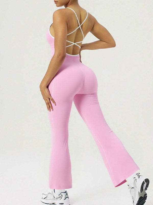 Sexy Contrast Color Stripes Cross Back Flare Jumpsuit – ZASUWA