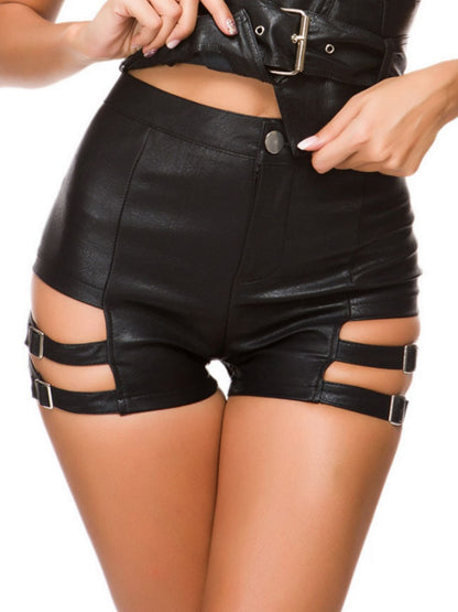Faux Leather Hollow Out Gym Booty Shorts