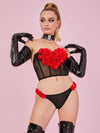 Rose Heart Shape Mesh PU Faux Leather Lingerie