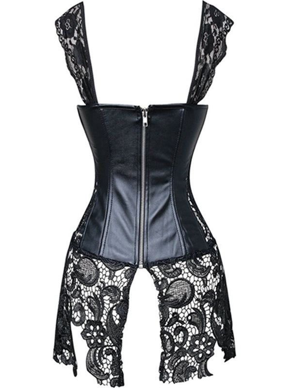 Lace PU Faux Leather Zipper Roman Knot Corset Shapewear
