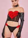 Rose Heart Shape Mesh PU Faux Leather Lingerie
