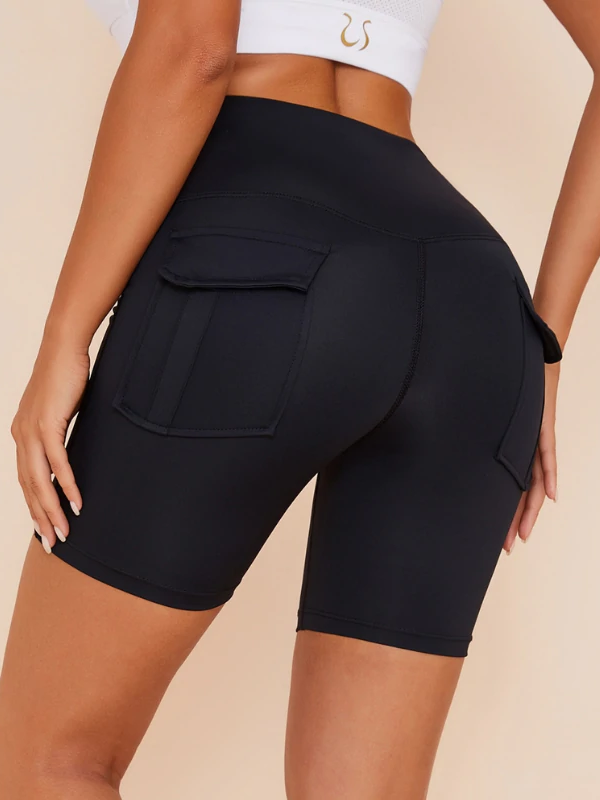 Plus Size Solid Color Pockets Spandex Gym Booty Shorts