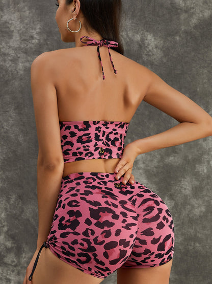 Leopard Print Hollow Out Halter Scrunch Bum Tracksuit