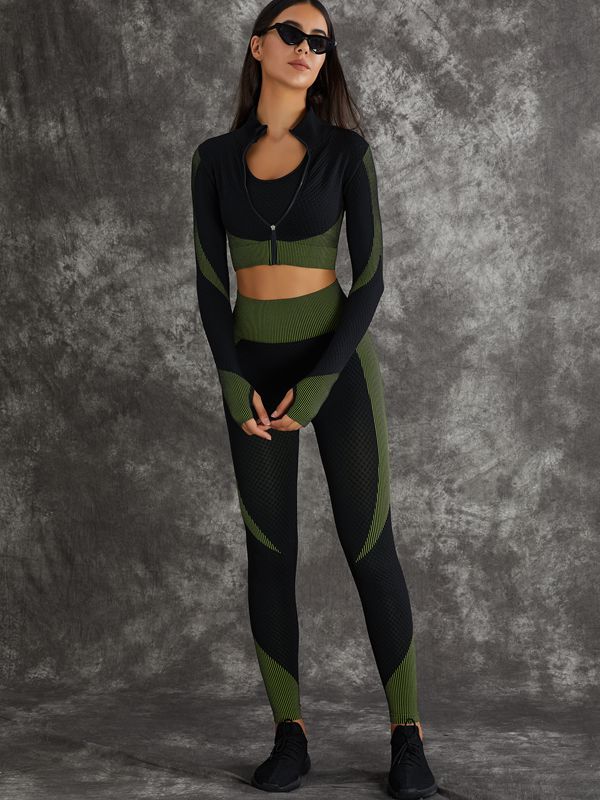 3 Pieces Long Sleeve Zippers Fitness Suit