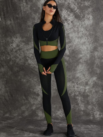 3 Pieces Long Sleeve Zippers Fitness Suit