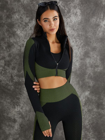 3 Pieces Long Sleeve Zippers Fitness Suit