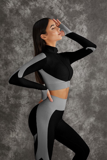 3 Pieces Long Sleeve Zippers Fitness Suit