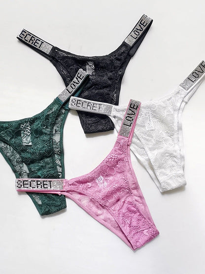 Letters Print Dazzling Crystal Lace Underwear
