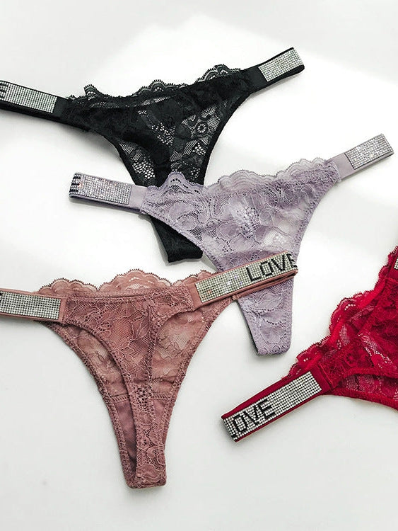 Love Print Lace Dazling Diamond Thong