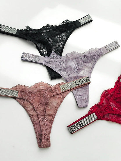 Love Print Lace Dazling Diamond Thong