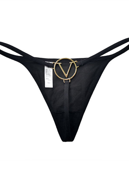 Heart Metal Waist Chain Solid Color T-back Thong