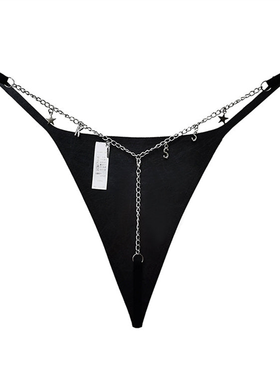 Heart Metal Waist Chain Solid Color T-back Thong