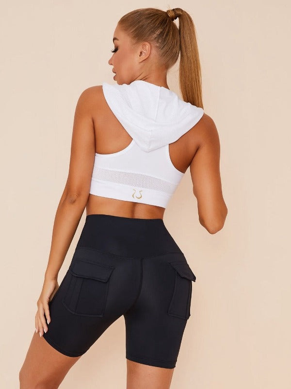 Solid Color Hooded Vests Pockets Short Tracksuit